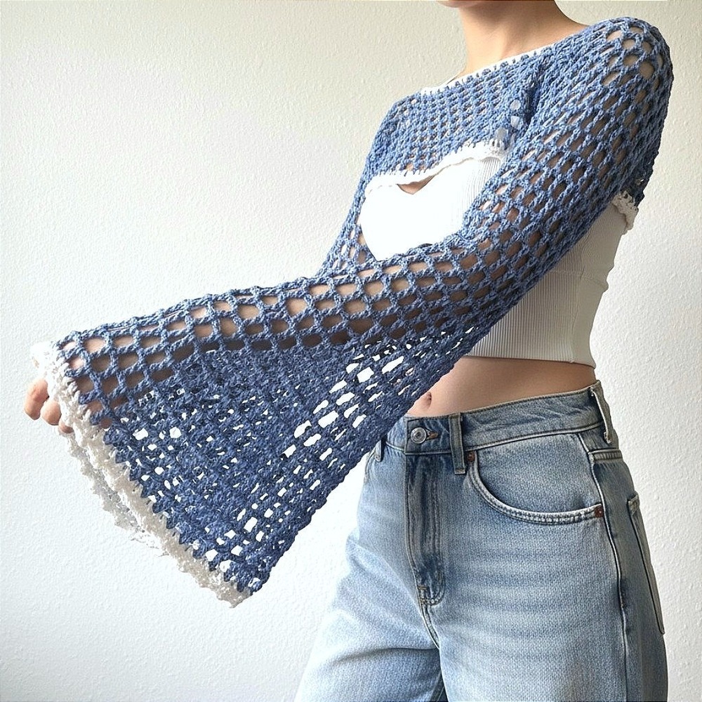 Handmade Crochet Fairycore Shrug | Women | Blue | SM-MED | Boho | Bell Sleeve